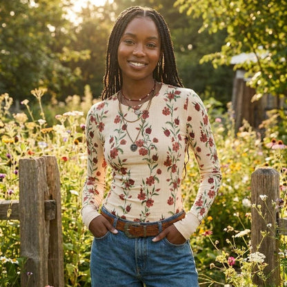 Woman in floral top smiling in a sunny garden.