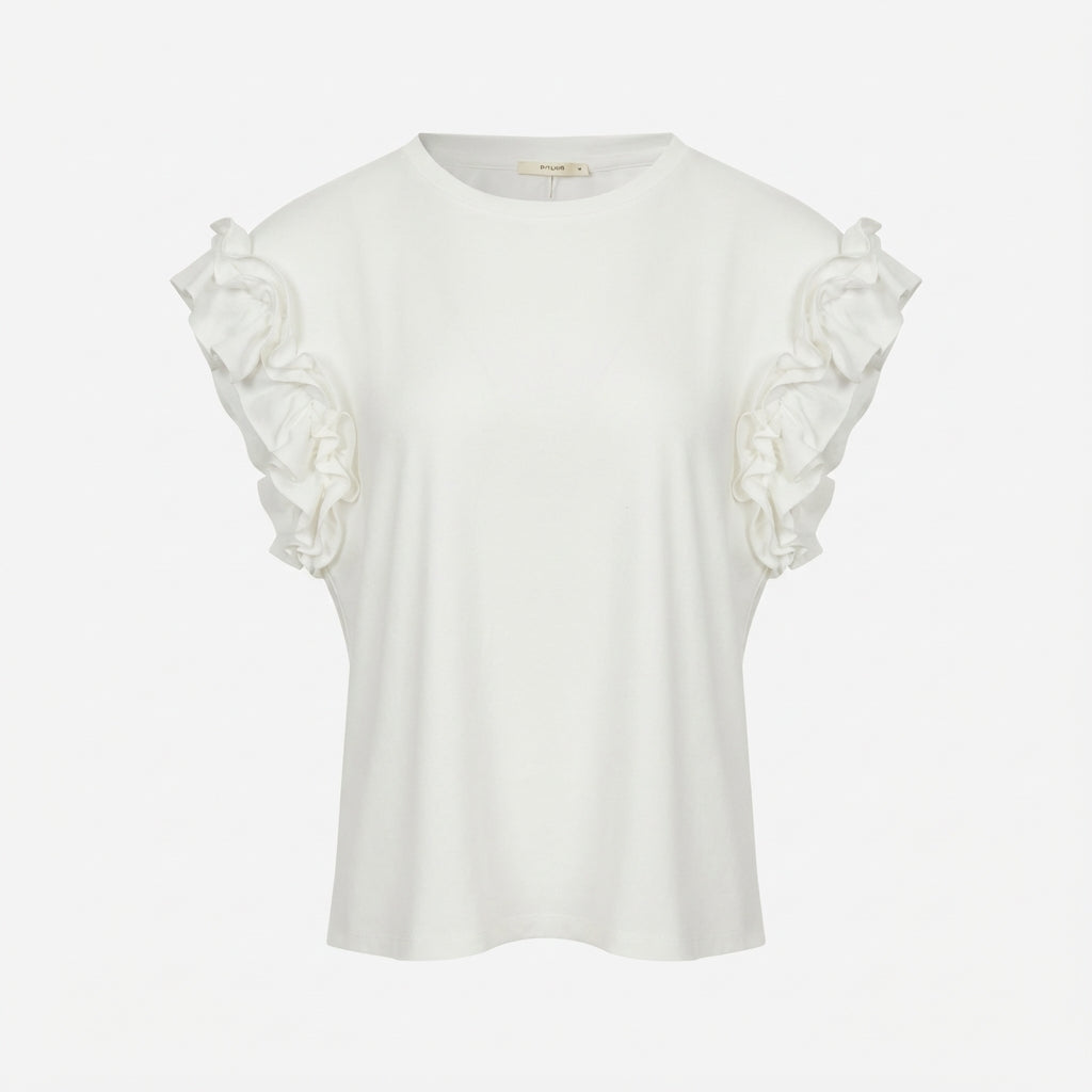 White blouse with ruffled shoulders on a plain background.