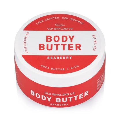Red and white container of seaberry body butter, 8 oz.
