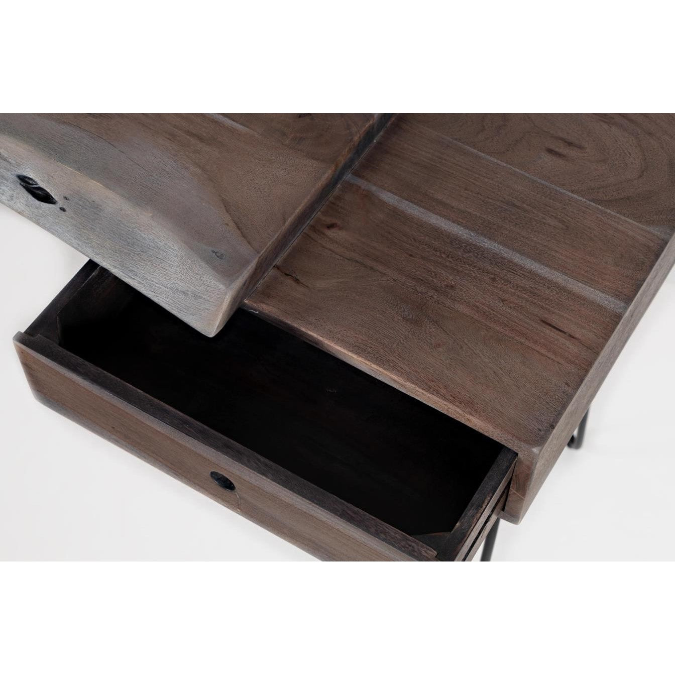 Wooden table with an open drawer, dark finish.