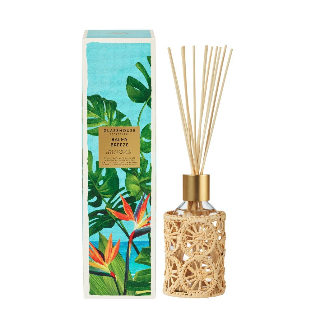 Fragrance diffuser and decorative box with tropical design.