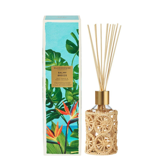Fragrance diffuser and decorative box with tropical design.