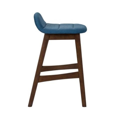 Wooden bar stool with a blue cushioned seat and a minimalist design.