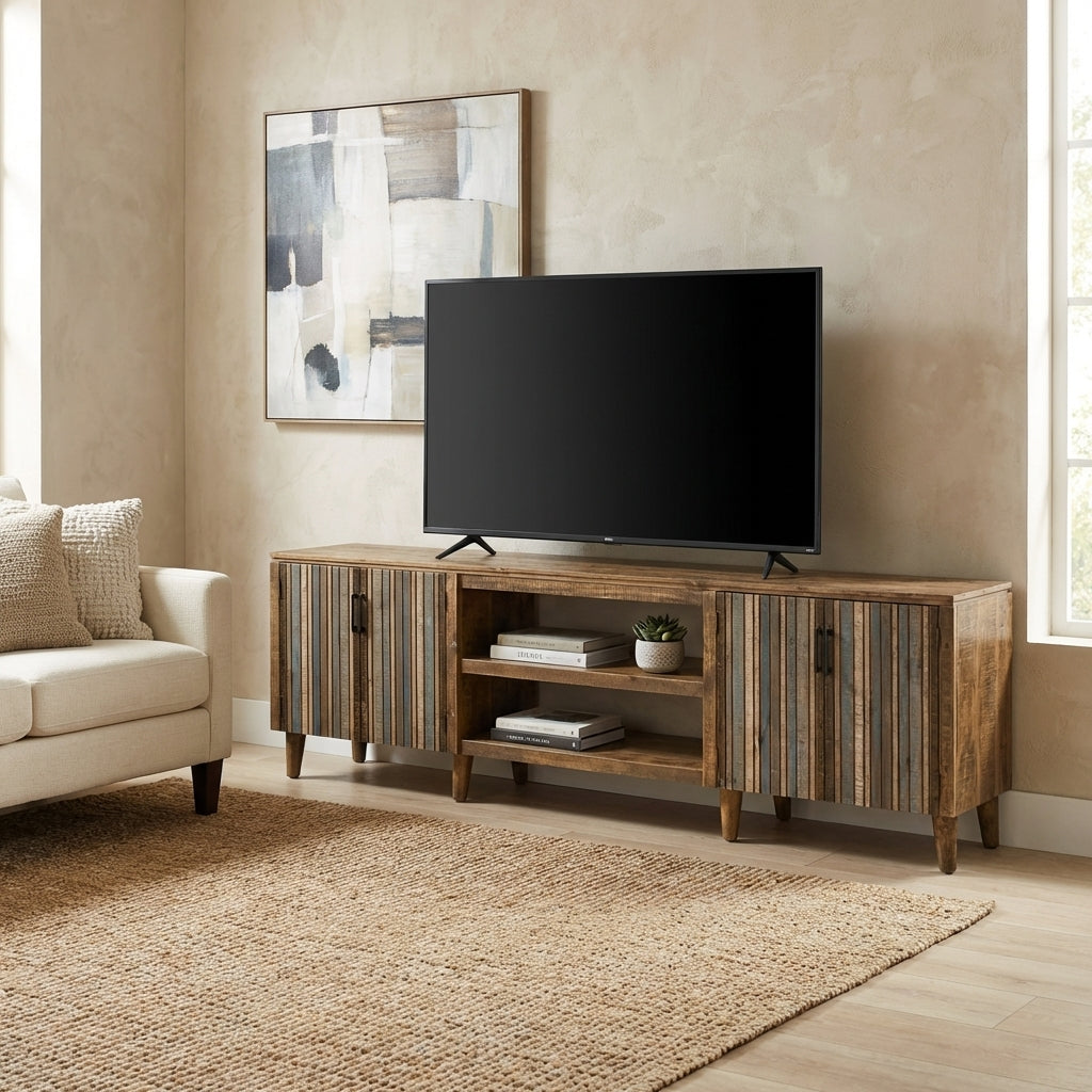 Wooden TV stand with striped cabinet doors and open shelves.