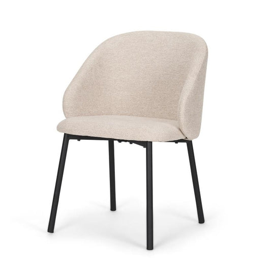Beige fabric chair with curved backrest and black metal legs.