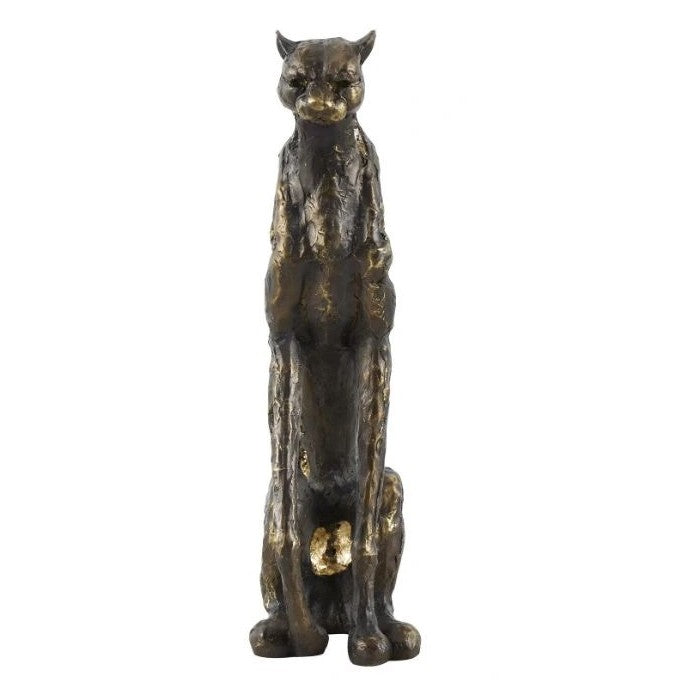 Bronze sculpture of a seated wild cat.