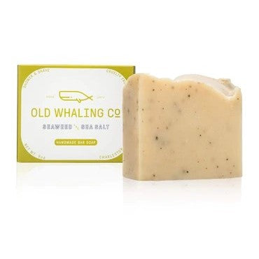 Bar soap with packaging labeled "Old Whaling Co. Seaweed + Sea Salt".
