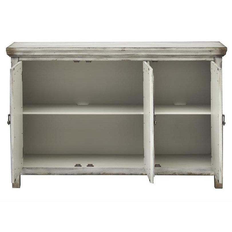 Rustic white cabinet with open double doors and interior shelves.