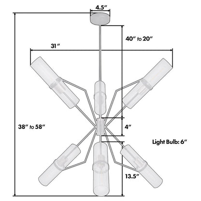 Chandelier diagram with dimensions and light bulb specifications.