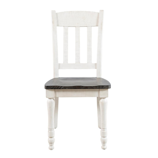 White wooden chair with dark seat, classic design.