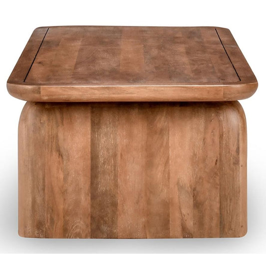 Minimalist wooden block table with rounded edges.