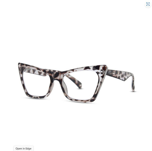 Black and white cat-eye glasses with a bold pattern.