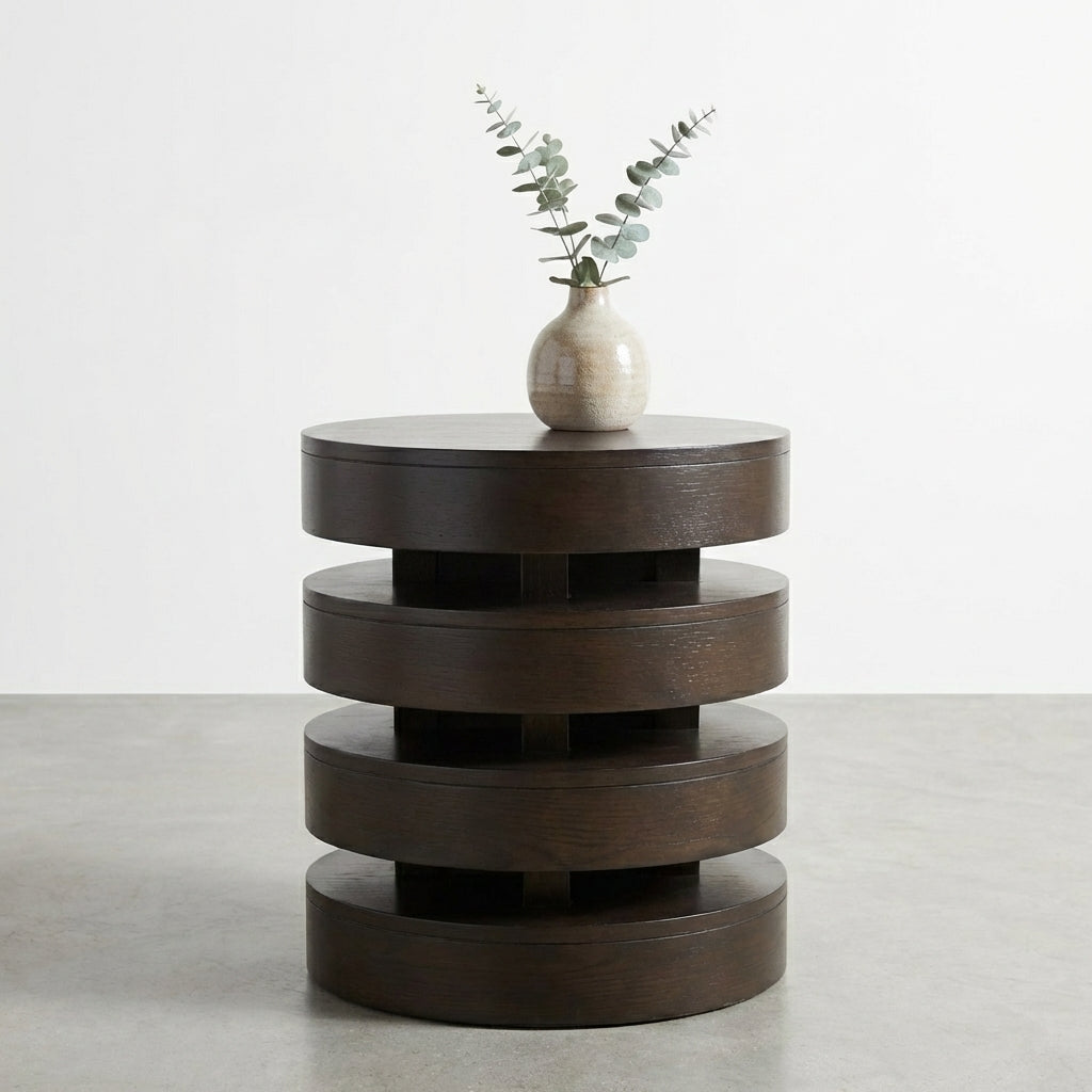 Dark circular tabletop against white background.