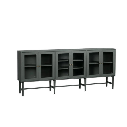 Sleek, long dark cabinet with glass doors and multiple shelves.