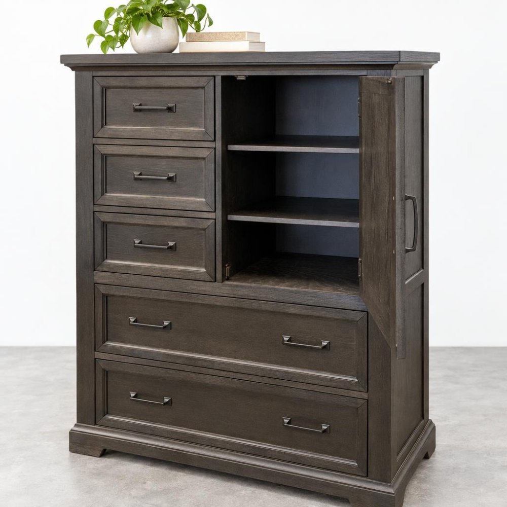 Dark wood dresser with multiple drawers, an open shelving cabinet, and a potted plant on top.