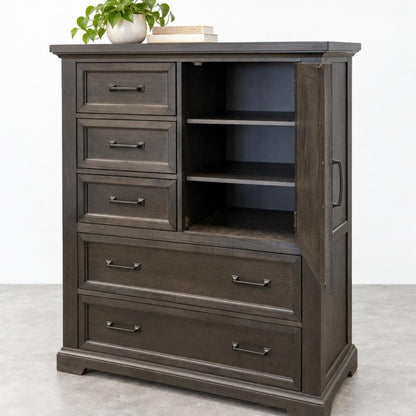 Dark wood dresser with multiple drawers, an open shelving cabinet, and a potted plant on top.