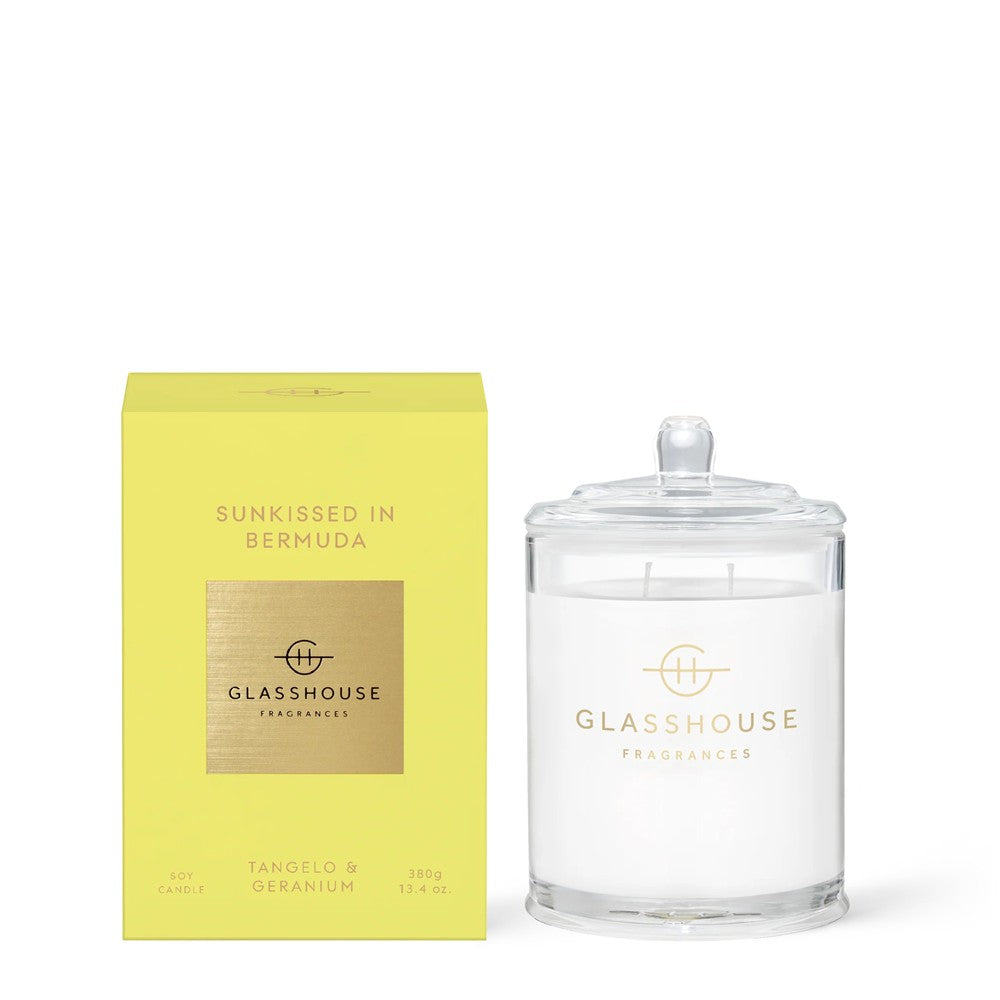 Yellow Glasshouse candle box and jar, "Sunkissed in Bermuda" fragrance.