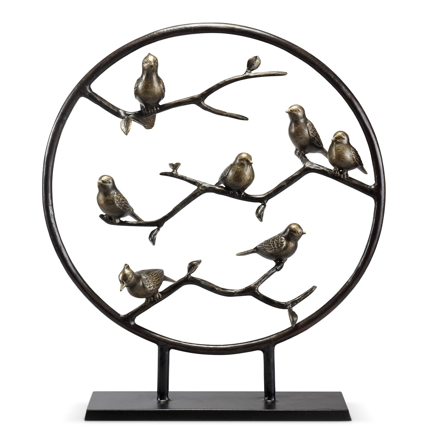 Metal sculpture of birds on branches within a circular frame.