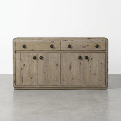 Wooden sideboard with six dark knobs, three drawers, and four cabinets.