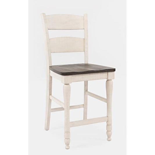 White wooden chair with a dark seat and ladder back design.