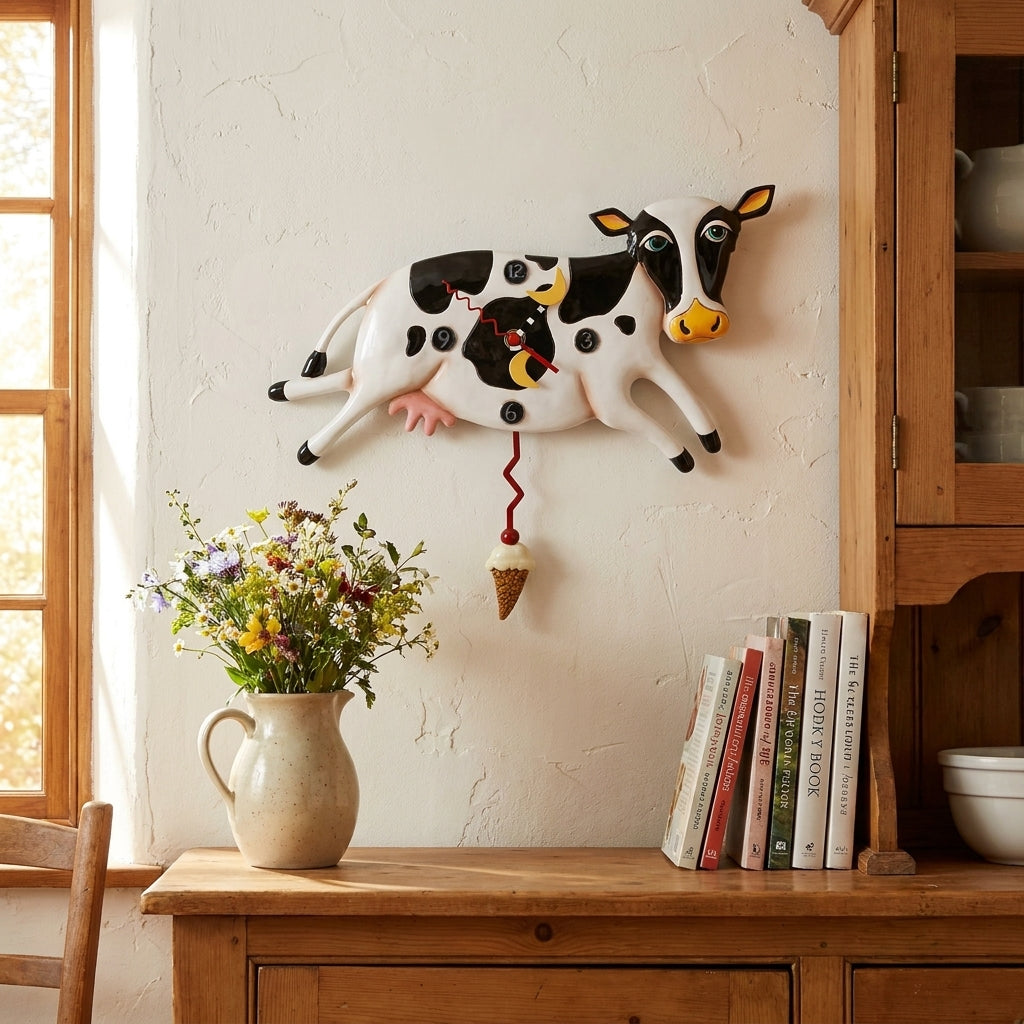 Wall clock shaped like a cow, hanging above a wooden table with flowers and books.