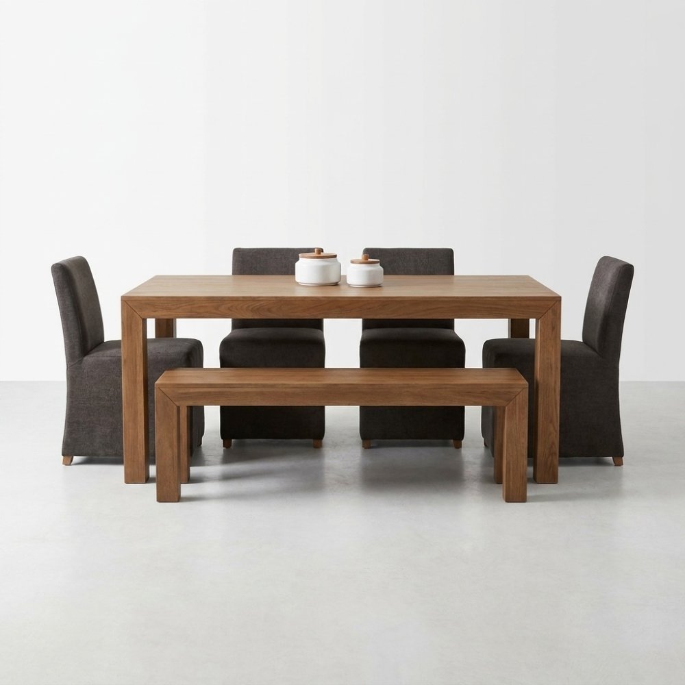 Wooden dining table with brown chairs and a bench.