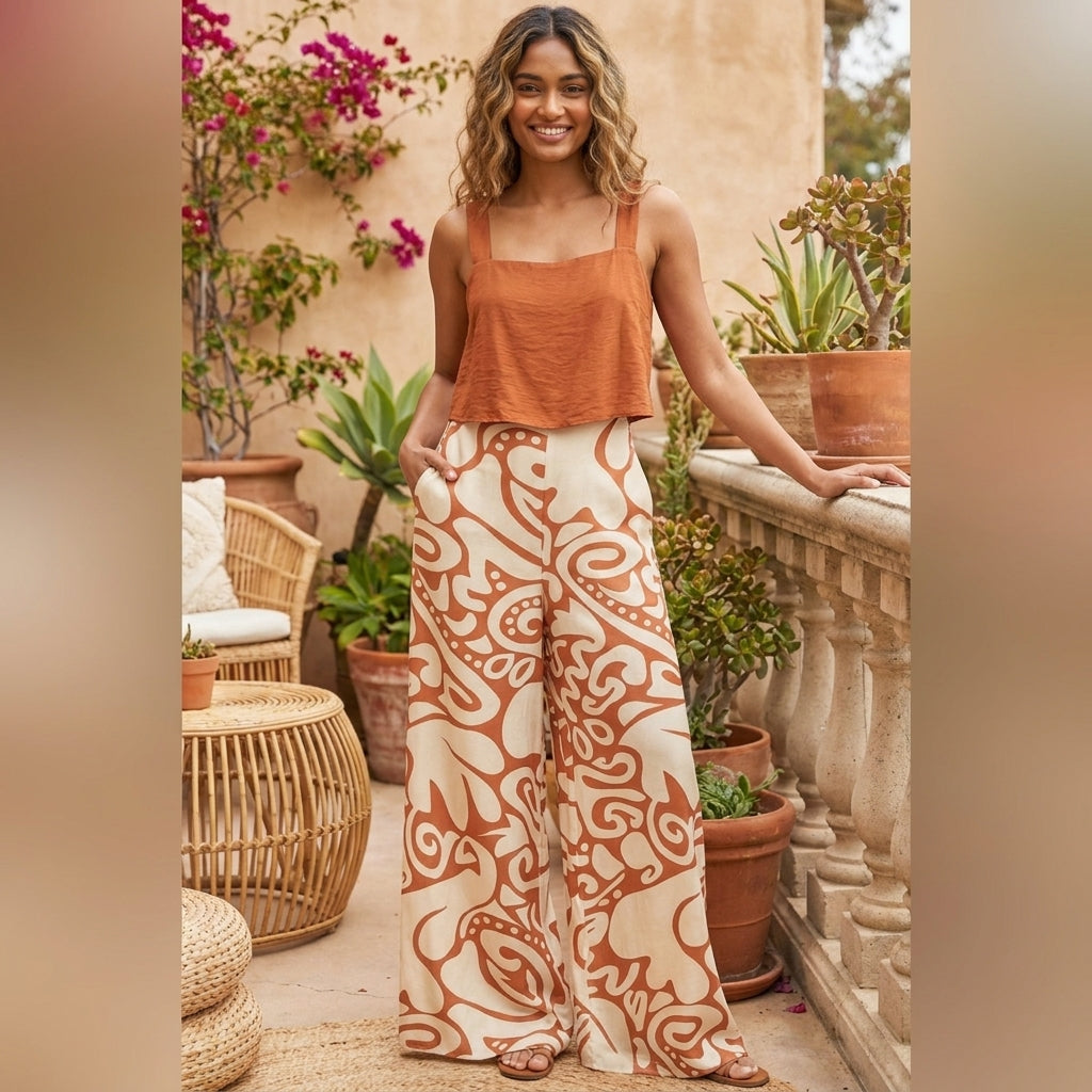 Woman in patterned pants and orange top, smiling on a patio with plants.