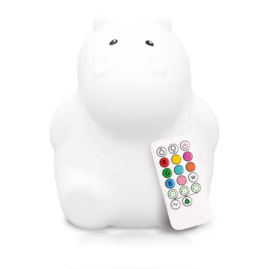 White hippo lamp with a color remote control.