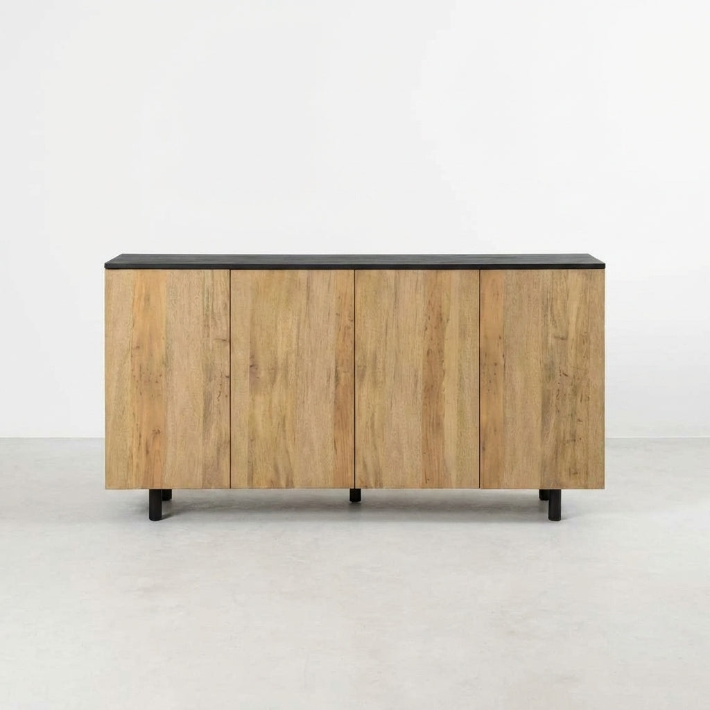 Black wooden sideboard with open doors.