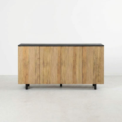 Black wooden sideboard with open doors.