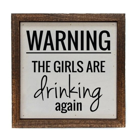 Sign: "WARNING THE GIRLS ARE drinking again" in a wooden frame.