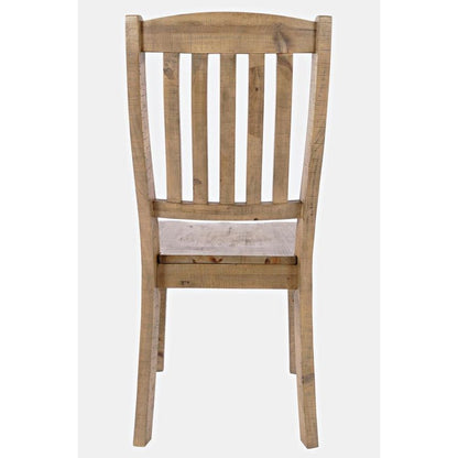 Wooden chair with vertical slatted backrest, rear view.