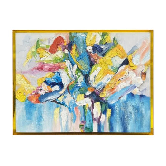 Abstract painting with vibrant splashes of blue, yellow, and red.