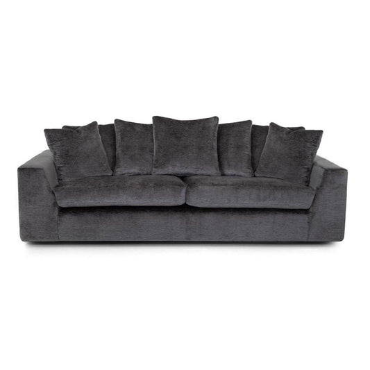 Plush gray sofa with five matching cushions.