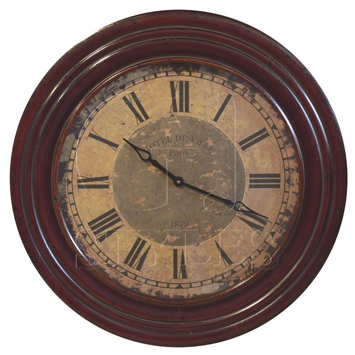 Vintage wall clock with Roman numerals and rustic frame.