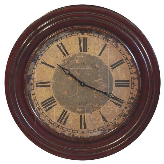 Vintage wall clock with Roman numerals and rustic frame.
