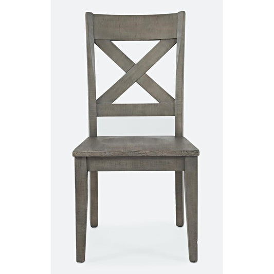Wooden chair with X-back design in a gray finish.