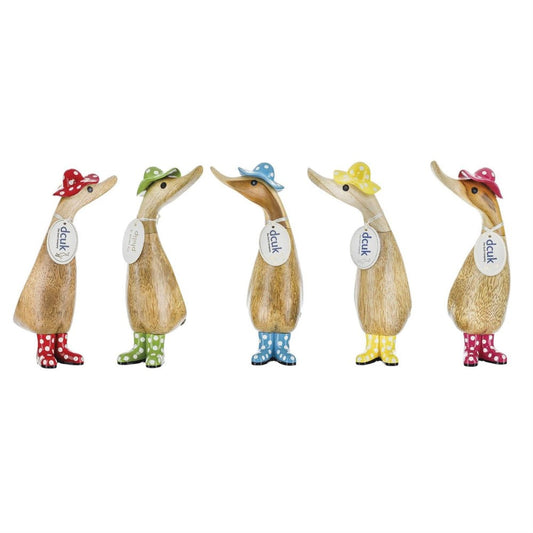 Five wooden ducks in colorful hats and boots facing each other.