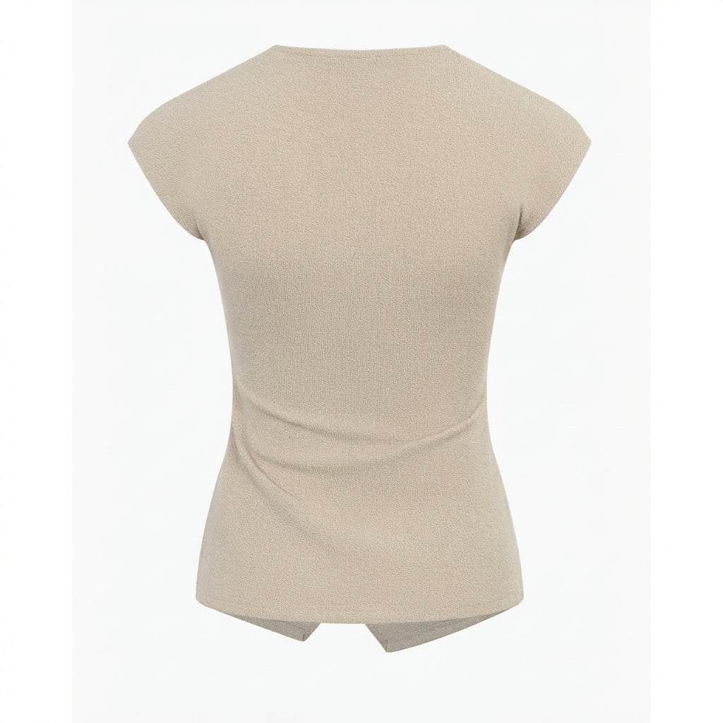 Beige cap-sleeve top on white background.