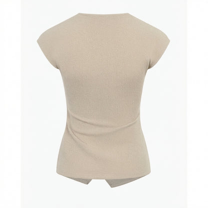 Beige cap-sleeve top on white background.