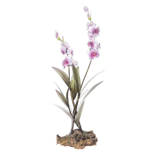 Elegant purple orchids on a wooden base.