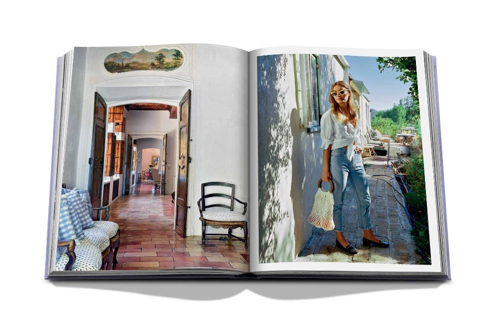 Open book showing a rustic hallway and a stylish woman outdoors.