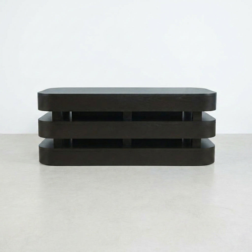 Modern dark wooden stacked coffee table.