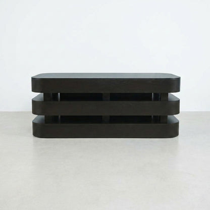 Modern dark wooden stacked coffee table.