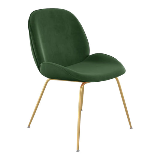 Green velvet chair with gold legs, modern design.