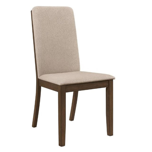 Upholstered chair with a wooden frame and beige fabric.