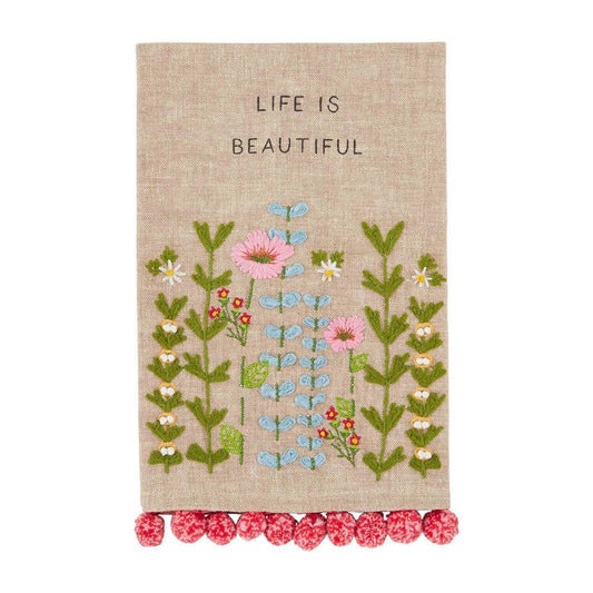 Picture of Life is Beautiful Floral Embroidery Pom-Pom Towel