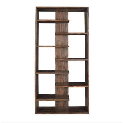 Tall wooden bookshelf with an asymmetrical design and open shelves.