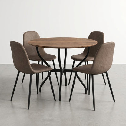 Round wooden table with four brown chairs on a gray floor.