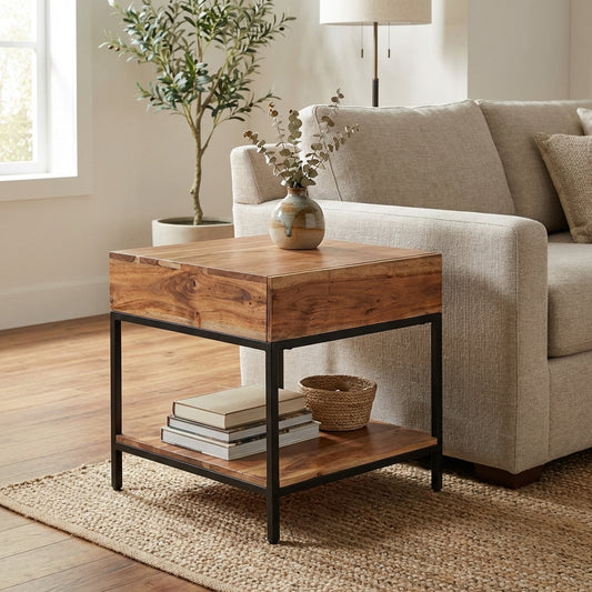 Wooden square table with metal frame and lower shelf.